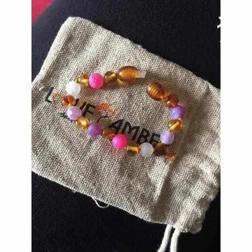 Child Amelie Pink Purple Agate Honey Baltic Amber Anklet Bracelet