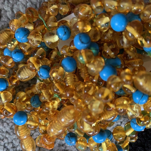 Child Apollo Blue Turquoise Howlite Polished Honey Baltic Amber Anklet