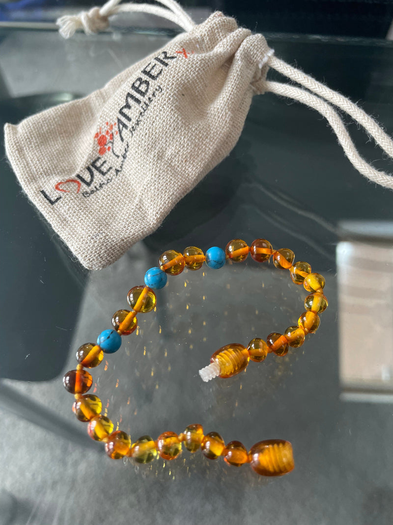 Child Apollo Blue Turquoise Howlite Polished Honey Baltic Amber Anklet
