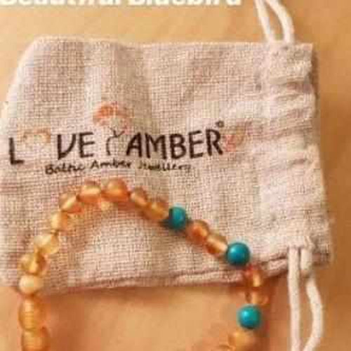 Child Bluebird Raw Honey Blue Turquoise Howlite Beads Baltic Amber Anklet Bracelet