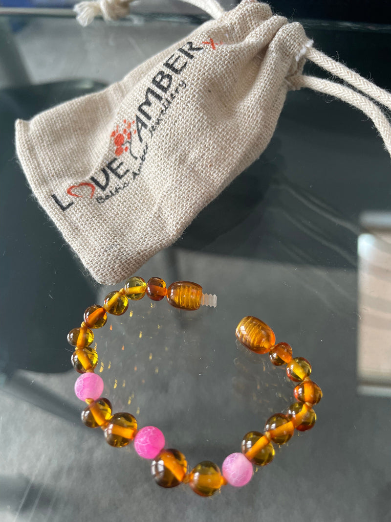 Child Honeysuckle Pink Agate Polished Honey Baltic Amber Anklet Bracelet