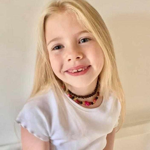 Childs Shelly Turtle Pink Jasper and Polished Rainbow Mixed Baltic Amber Necklace