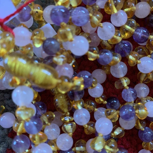 Childs Tara Honey Baltic Amber Amethyst Rose Quartz Gemstone Bead Necklace