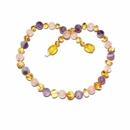 Childs Tara Honey Baltic Amber Amethyst Rose Quartz Gemstone Bead Necklace