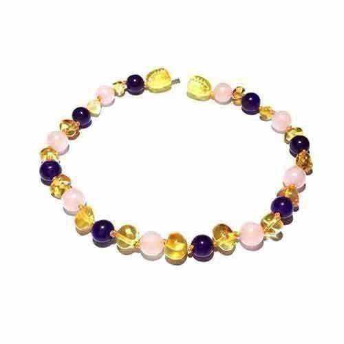 Childs Tara Honey Baltic Amber Amethyst Rose Quartz Gemstone Bead Necklace