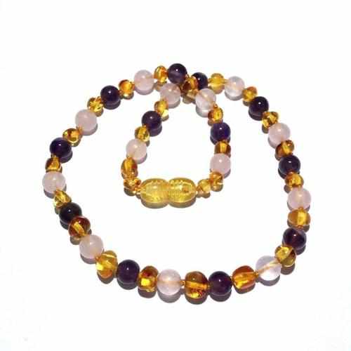Childs Tara Honey Baltic Amber Amethyst Rose Quartz Gemstone Bead Necklace