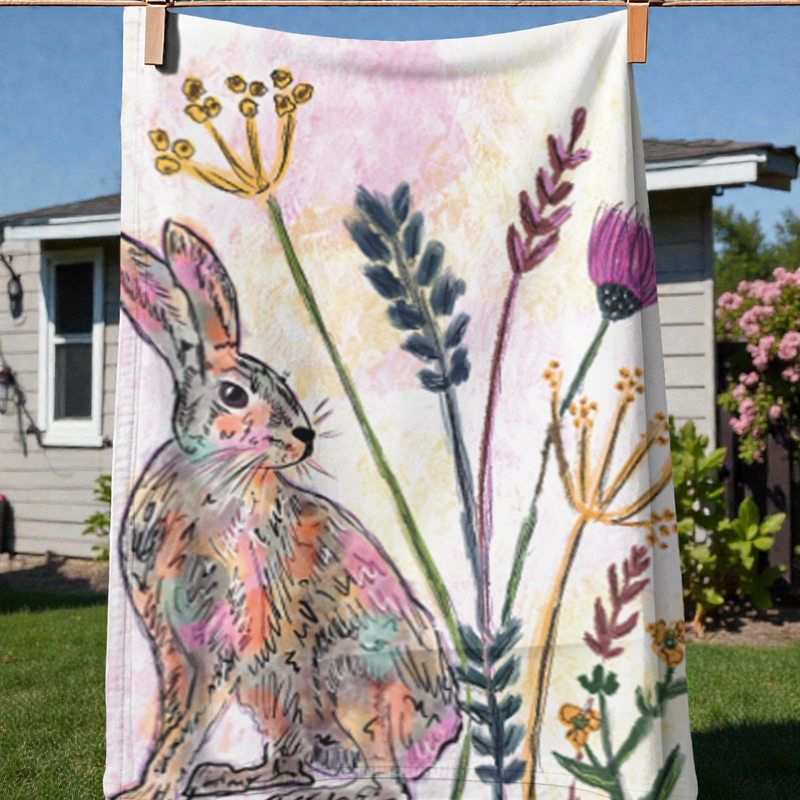 Autumn Hare with Wildflowers Tea Towel
