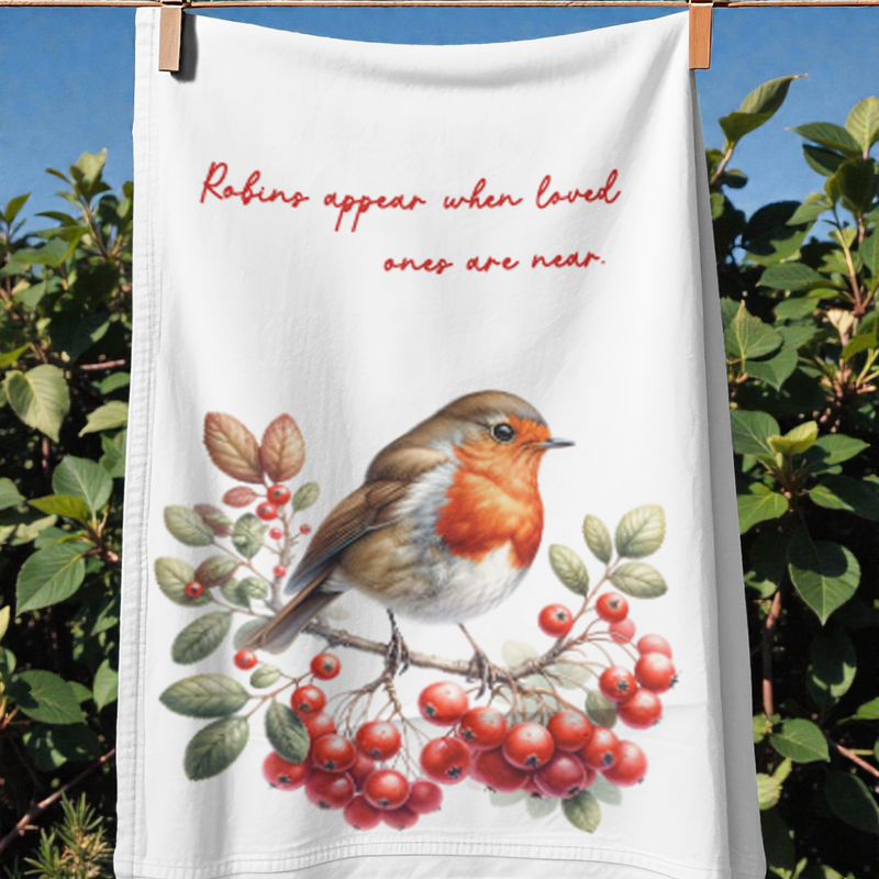 Robins Appear When Loved Ones are Near With Berries Tea Towel