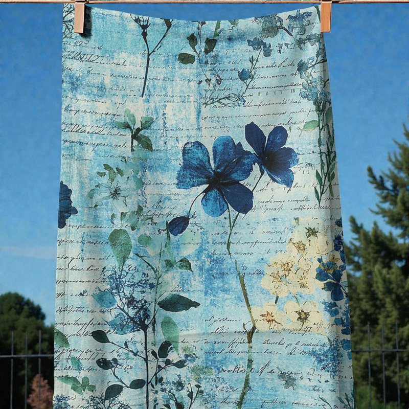 Blue Pressed Flowers Tea Towel
