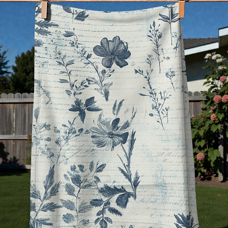 Blue Pressed Flowers on a White Background Tea Towel