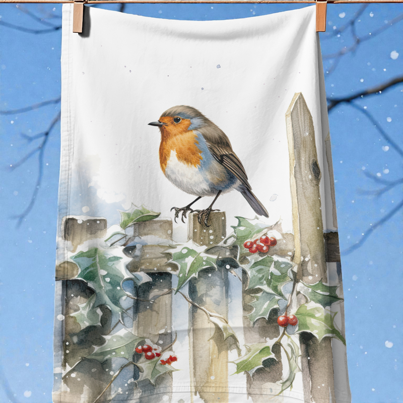 Robin on a fence with holly Tea Towel