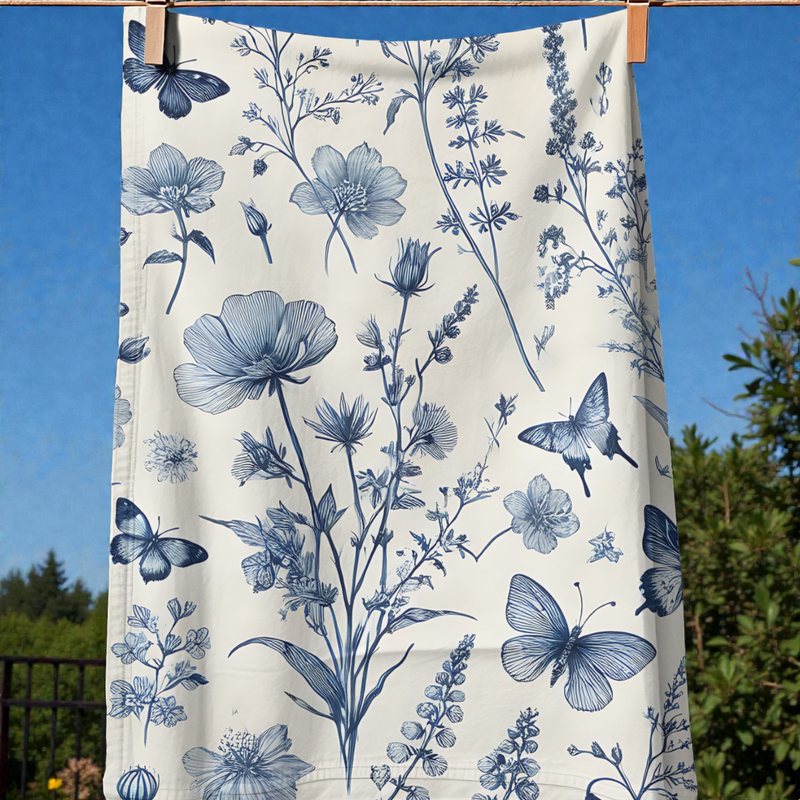 Victorian Style Blue Butterflies  In Spring Tea Towel
