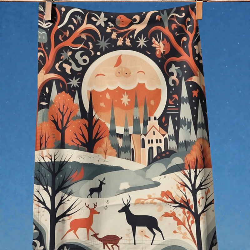 Nordic Christmas Scene with Stags Tea Towel