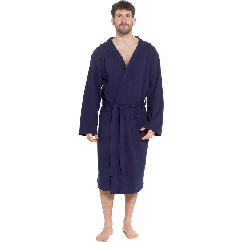 Sock Stack Men's Hooded Waffle Cotton Bathrobe Navy 100% Cotton Super Absorbent Spa