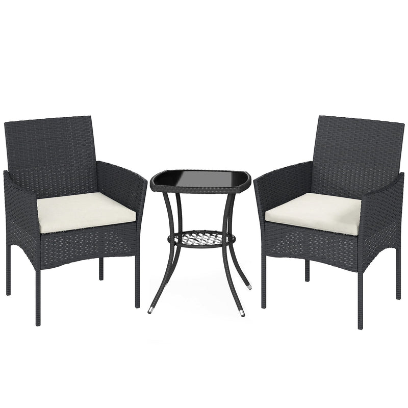Outsunny 3 Piece Rattan Bistro Set, PE Wicker Garden Furniture Conversation Set with 2 Tier Glass-Top Table, Chairs, Cream White