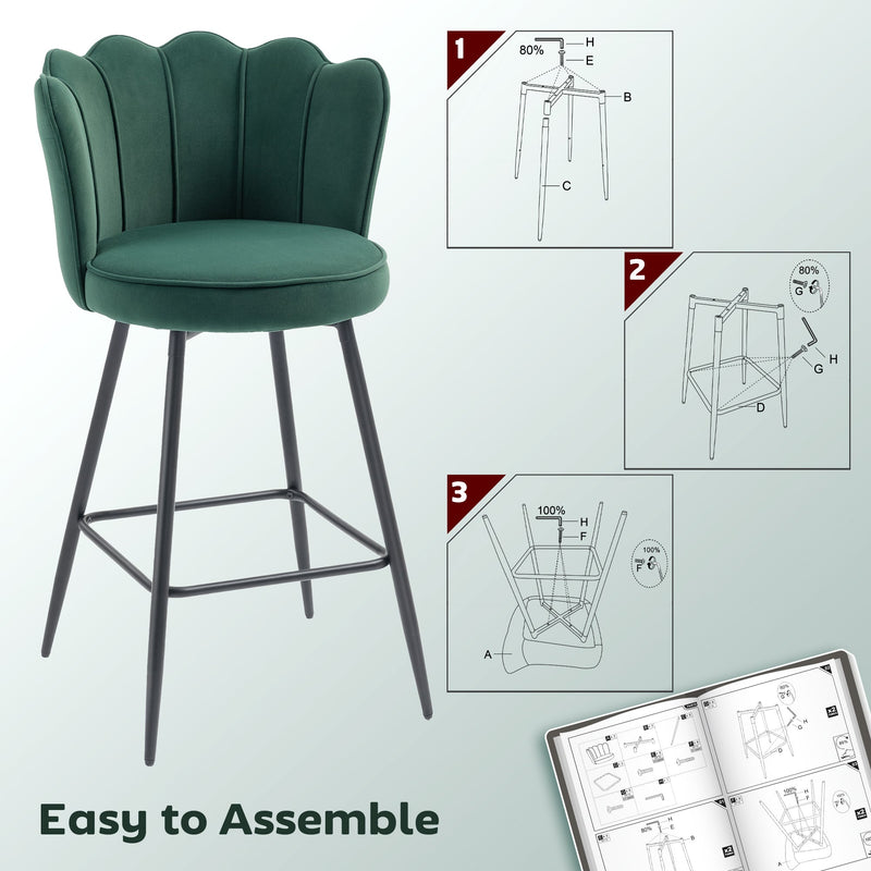 HOMCOM Set of Two Velvet-Feel Lotus Bar Stools - Dark Green