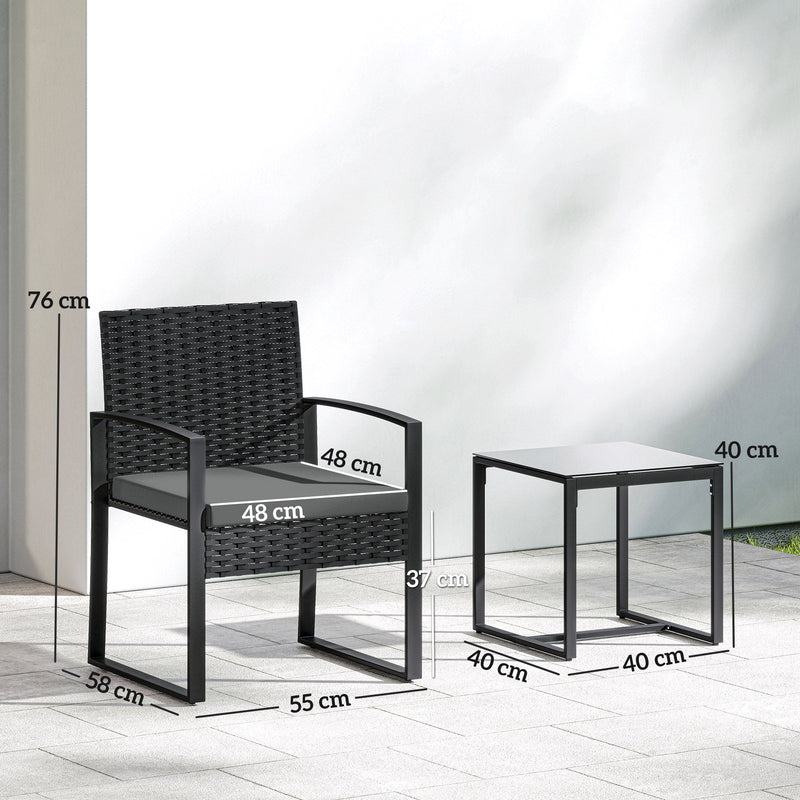 Outsunny Rattan Bistro Set, 3 Piece Garden Furniture Set with Glass Top Table and Cushions, Dark Grey