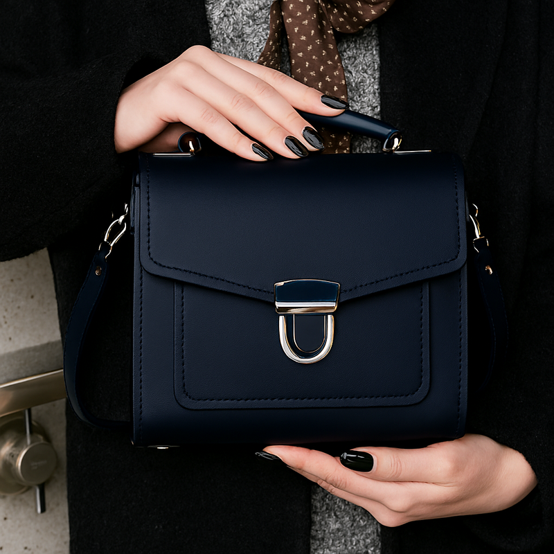 Handmade Leather Sugarcube Handbag - Navy