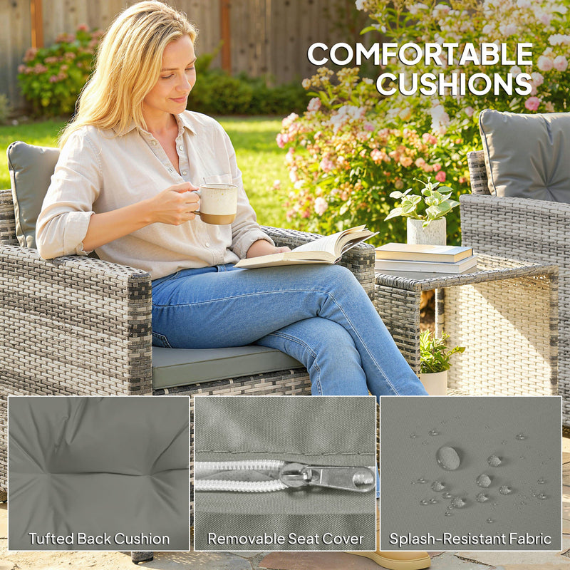 Outsunny Rattan Bistro Set, 3 Piece Garden Furniture Set with 2 Tier Glass Top Table and Cushions, Mixed Grey
