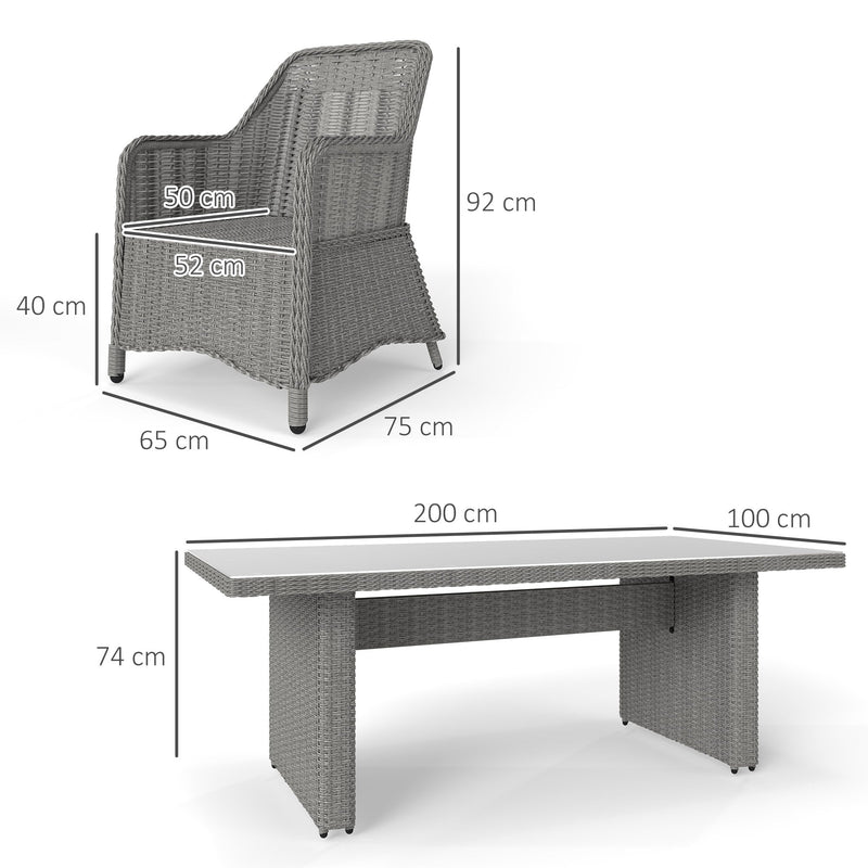 Outsunny 6 Seater Rattan Dining Set, Round PE Rattan Garden Furniture Set with Seat and Back Cushions, Aluminium Outdoor Dining Table and Chairs with 6 Armchairs, Rectangular Glass Top Table, Grey