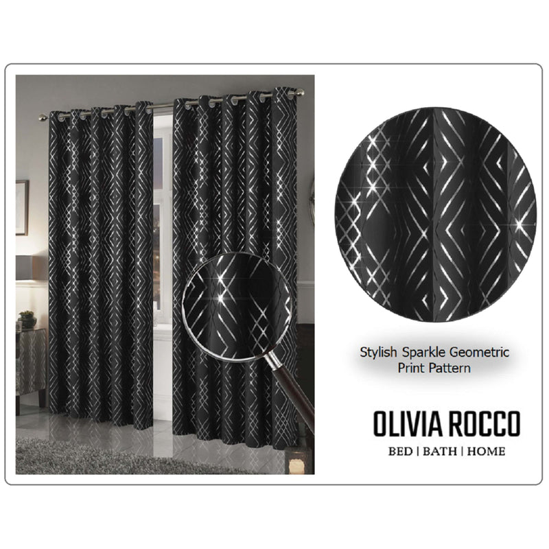 OLIVIA ROCCO Geometric Sparkle Blackout Curtains Black Thermal Insulated Eyelet Ring Top