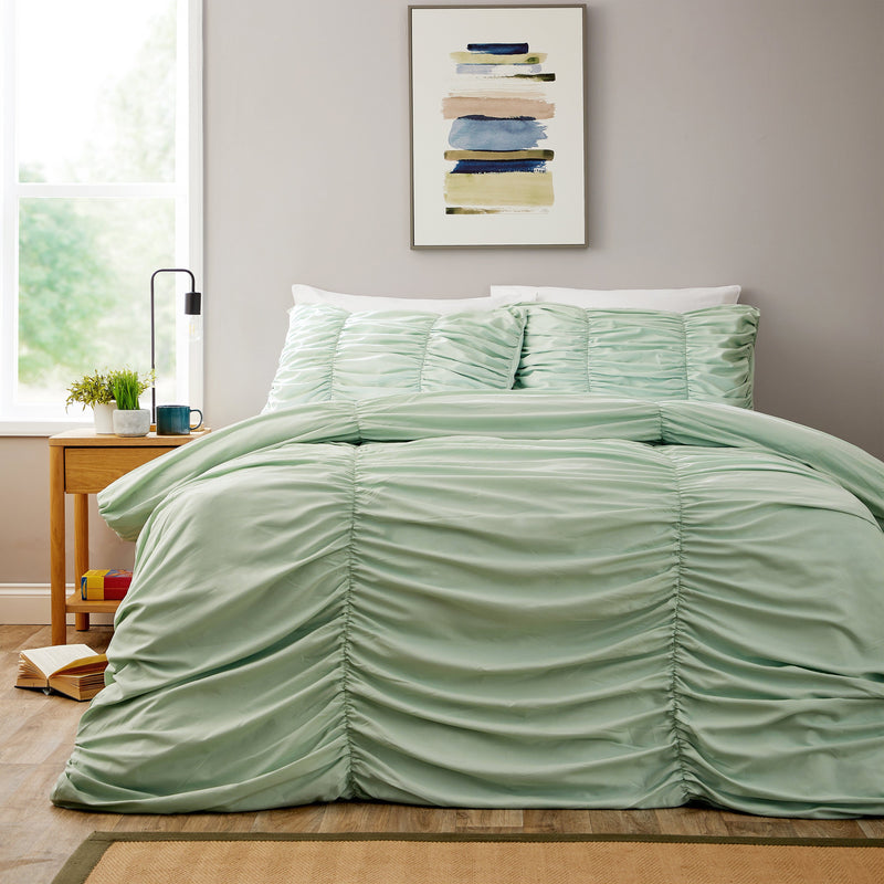 OLIVIA ROCCO Ruched Sage Green Microfibre Duvet Cover Set With Pillowcases Easy Care