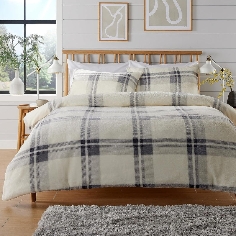 OLIVIA ROCCO Orkney Check Fleece Duvet Set Grey Green Easy Care Wrinkle Resistant