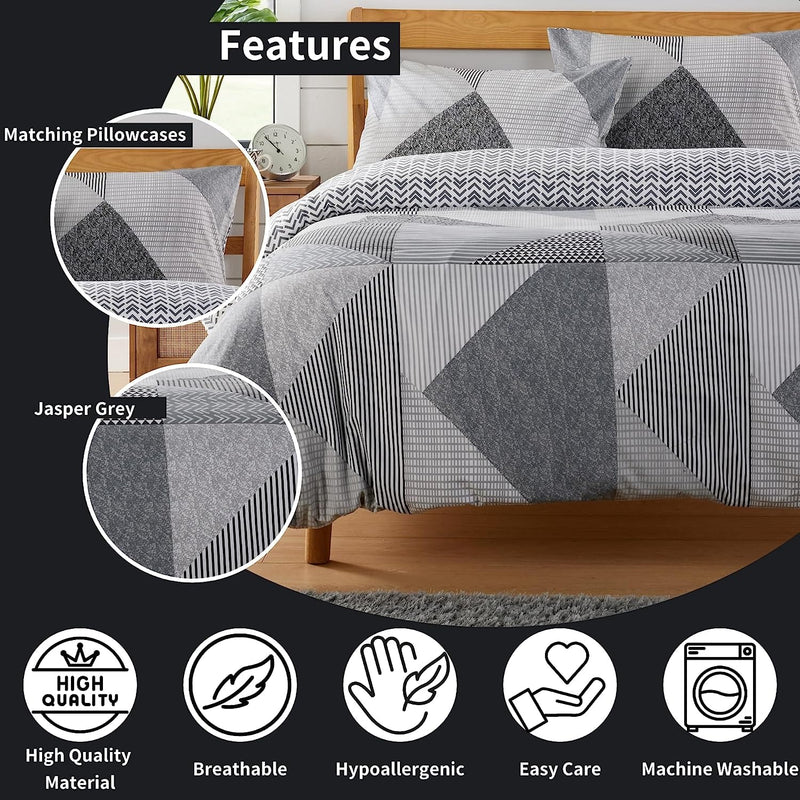 OLIVIA ROCCO Jasper Grey Printed Reversible Quilted Duvet Cover Set With Button Closure