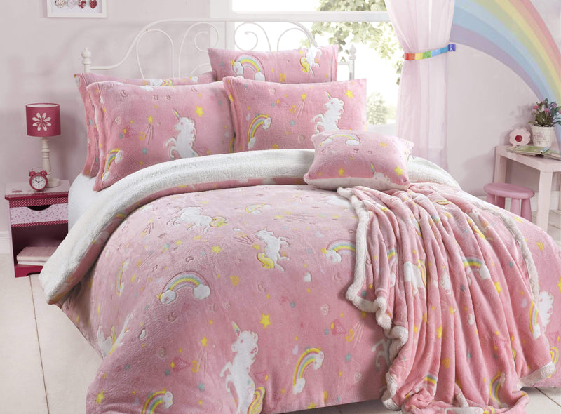 OLIVIA ROCCO Rainbow Unicorn Glow In The Dark Teddy Fleece Duvet Set For Kids Super Soft