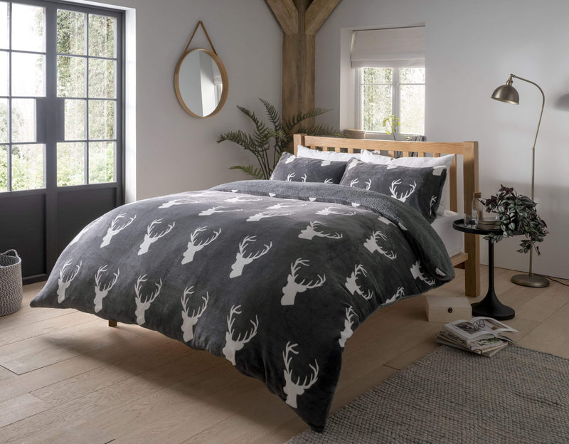 OLIVIA ROCCO Stag Teddy Reversible Duvet Set Charcoal Grey Faux Fur Ultra Soft OEKO-TEX
