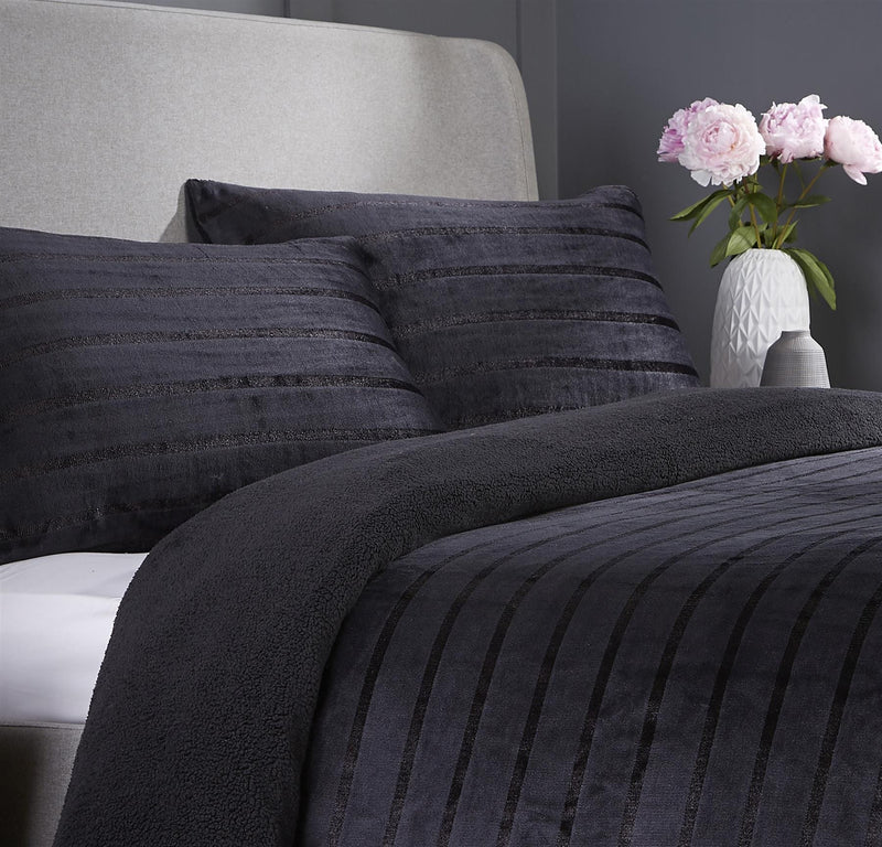 OLIVIA ROCCO Satin Stripe Reversible Faux Fur Teddy Duvet Cover Set Super Soft Easy Care