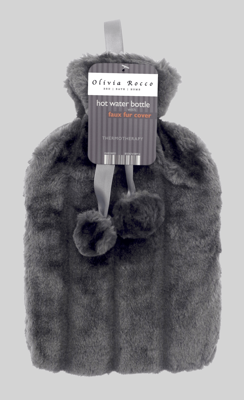 OLIVIA ROCCO Hot Water Bottle 2L With Faux Fur Pom Pom Cover Soft Plush Natural Rubber UK