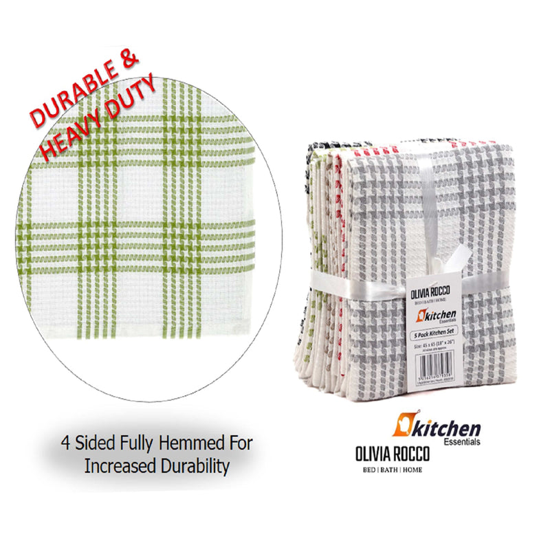 OLIVIA ROCCO Pack of 5 Houndstooth Cotton Tea Towels 45cm X 65cm Super Absorbent Quick