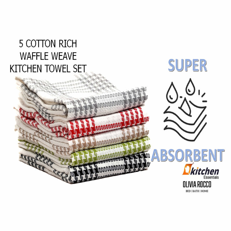 OLIVIA ROCCO Pack of 5 Houndstooth Cotton Tea Towels 45cm X 65cm Super Absorbent Quick