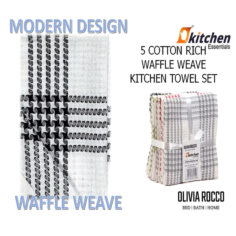 OLIVIA ROCCO Pack of 5 Houndstooth Cotton Tea Towels 45cm X 65cm Super Absorbent Quick
