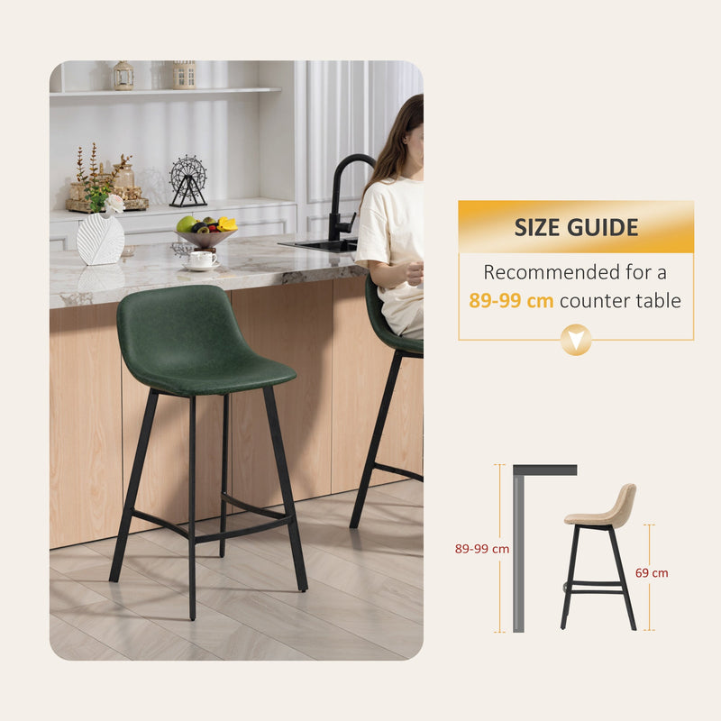 HOMCOM Bar Stools Set of 2, PU Leather Dining Stools with Backrest, Footrest, for Kitchen, Counter, Breakfast Bar, Green