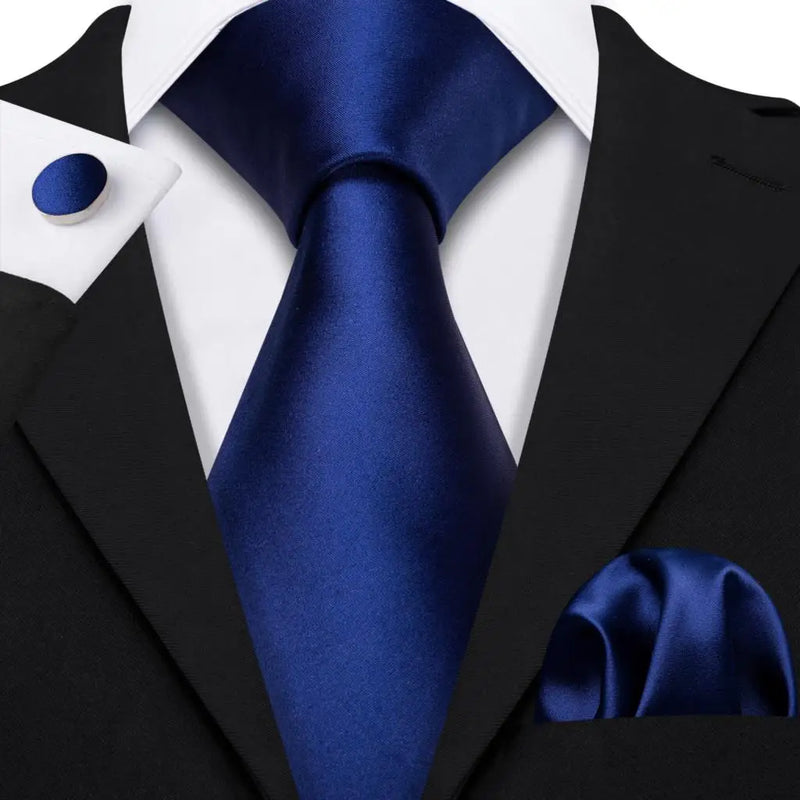Plain Dark Blue Silk Tie - With Matching Cufflinks & Pocket Square