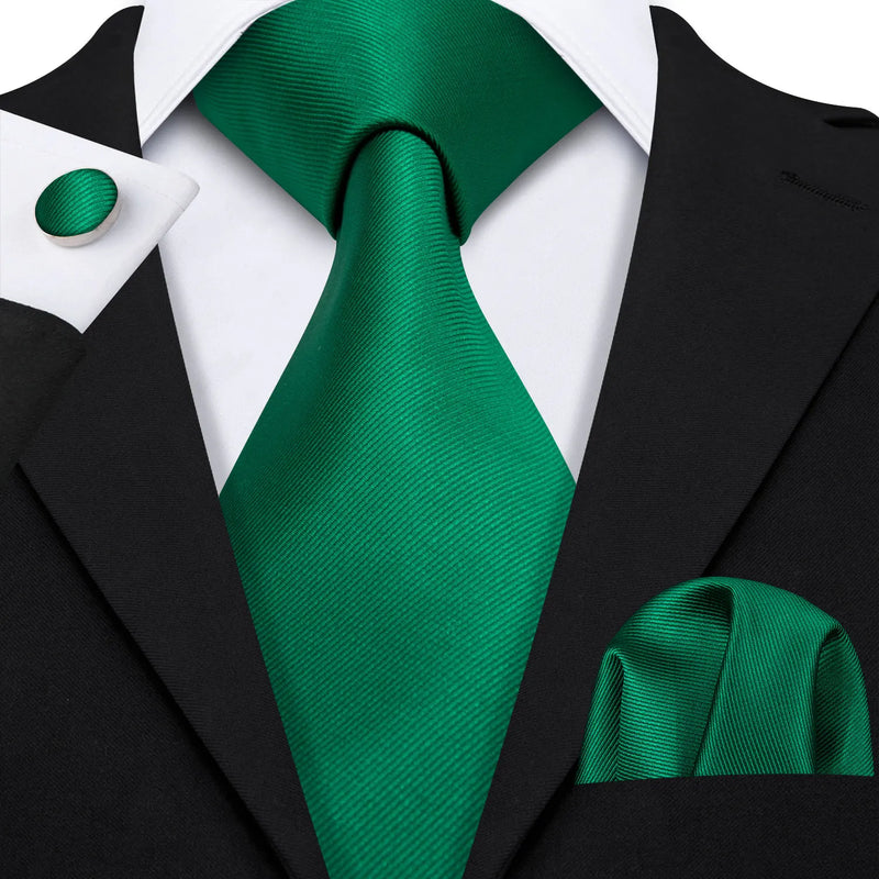 Plain Green Textured Silk Tie - With Matching Cufflinks & Pocket Square