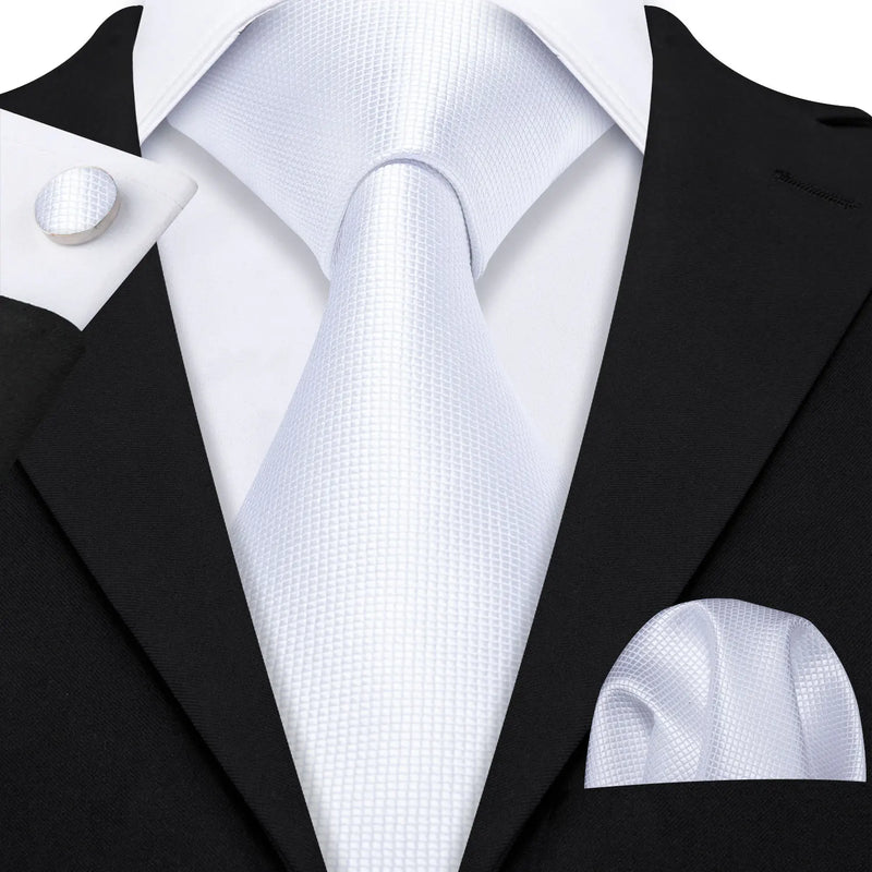 Plain White Textured Silk Tie - With Matching Cufflinks & Pocket Square
