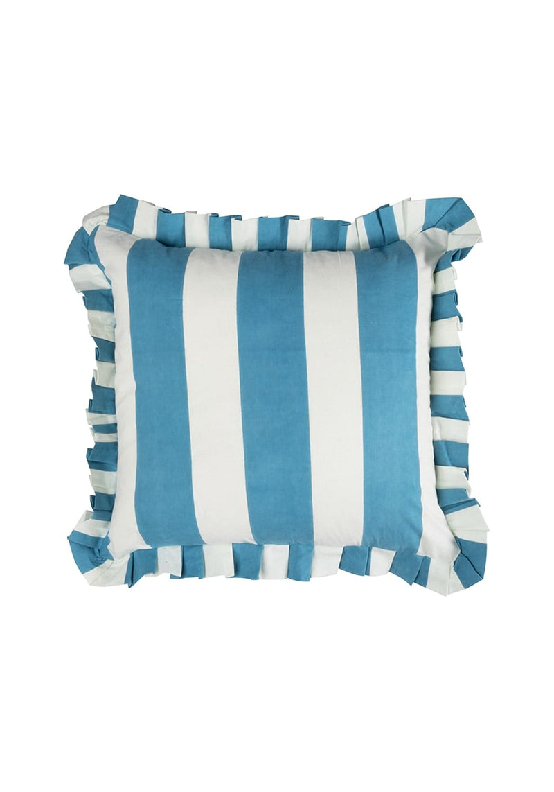Blue and White Cabana Striped Ruffled Cushion Cover