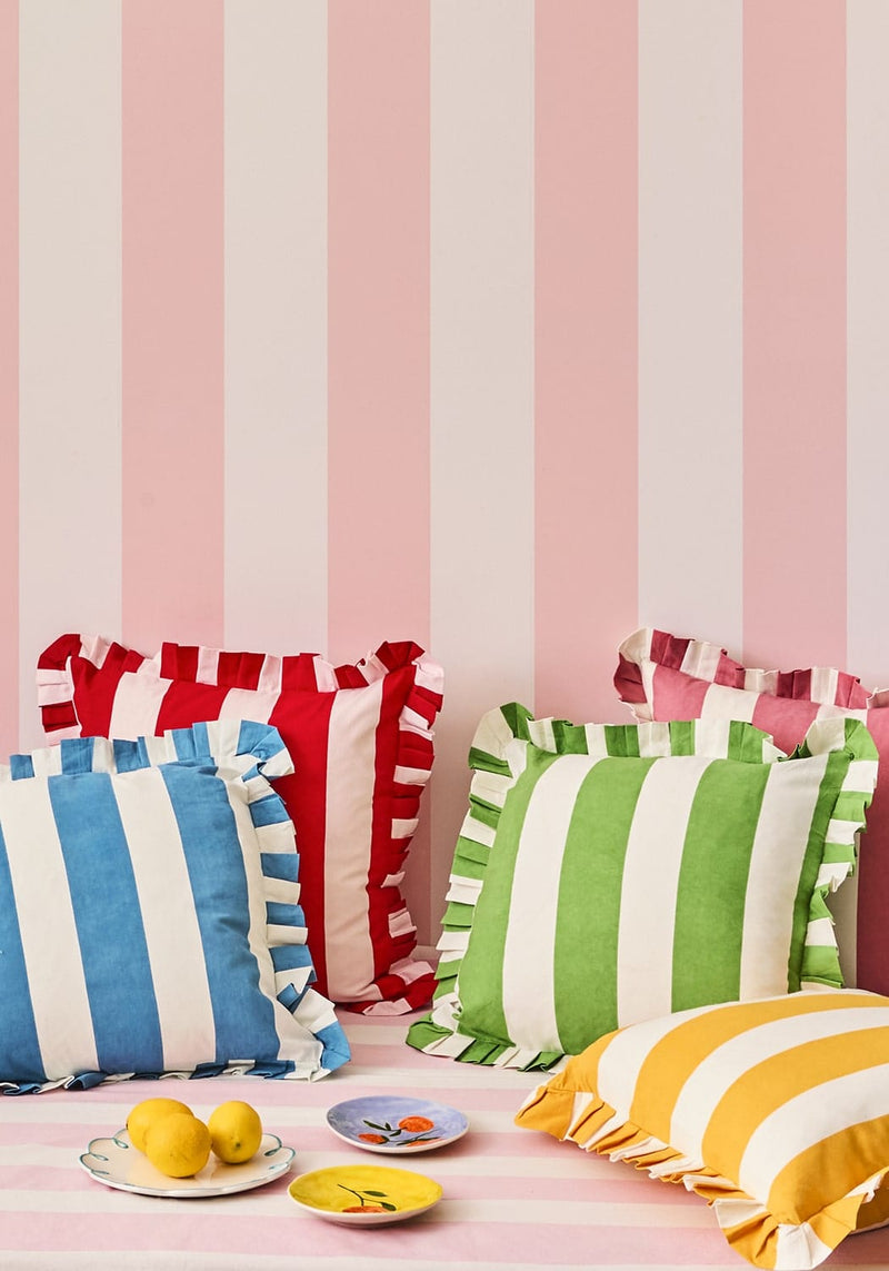 Green Cabana Stripe Ruffled Cushion Cover