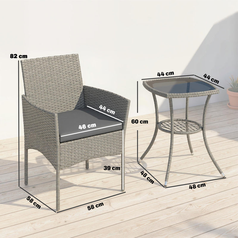 Outsunny 3 Piece Rattan Bistro Set, PE Wicker Garden Furniture Conversation Set with 2 Tier Glass-Top Table, Chairs, Dark Grey