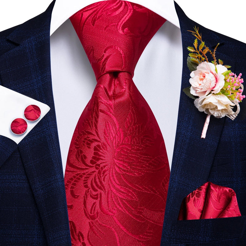 Red Floral Silk Tie - With Matching Cufflinks & Pocket Square
