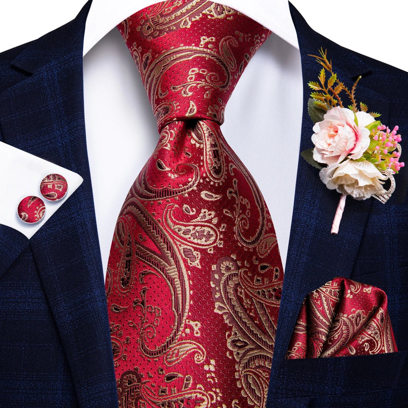 Red Paisley Silk Tie - With Matching Cufflinks & Pocket Square