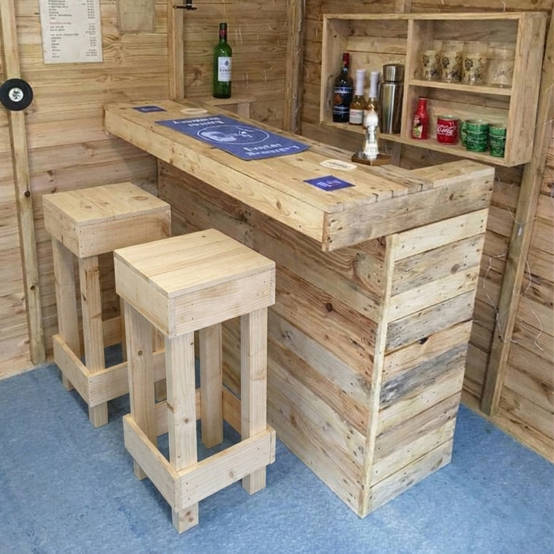 Rustic Wooden Bar + Bar Stools + Shelving Unit