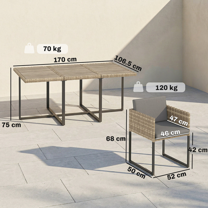 Outsunny 7 Piece Rattan Garden Furniture Set, Garden Dining Set with Wood-Plastic Table and 6 Stackable Chairs, Light Brown