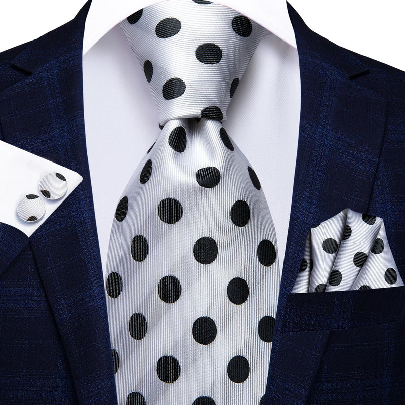 Silver and Black Polka Dot Silk Tie - With Matching Cufflinks & Pocket Square