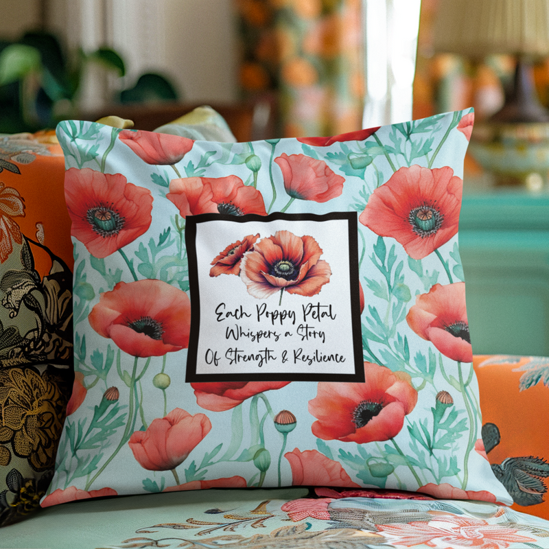 Each Poppy Petal, Whispers a Story of Strength and Resilience Cushion