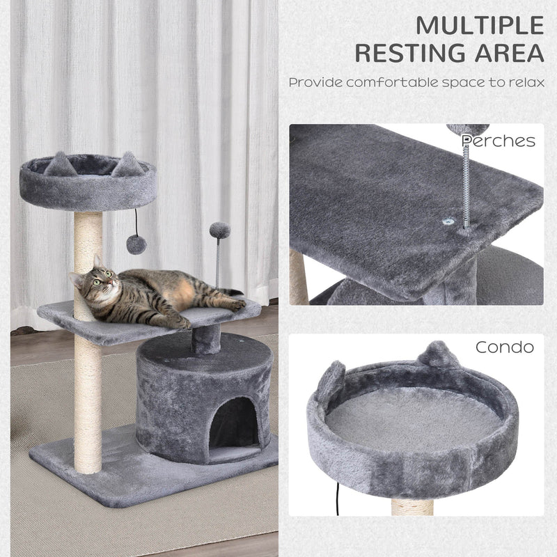 PawHut Cat Tree for Indoor Cats with Scratching Post Climbing Tower Kitty Activity Centre Condo Perch Jumping Platforms Grey 60L x 40W x 81H cm