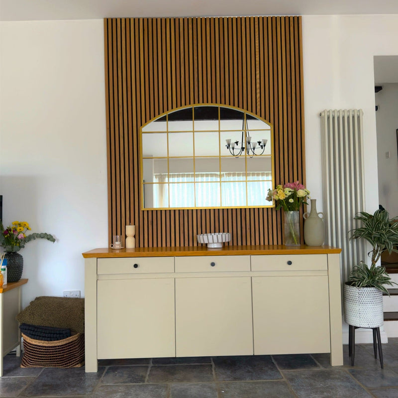 Tomi - Gold Metal Arched Lattice Window Mirror - 95cm x 120cm.